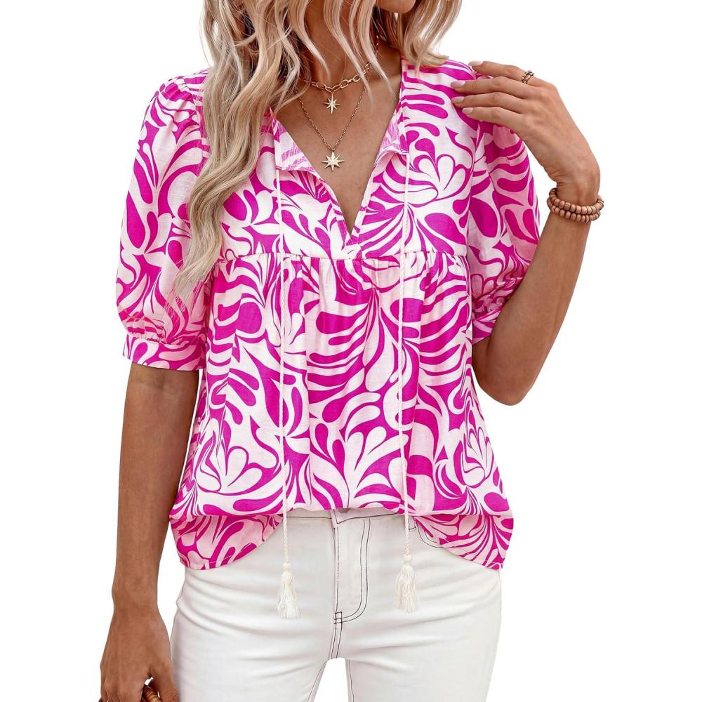 imagePRETTYGARDEN Womens Summer Boho Tops 2026 Tie Front V Neck Print Loose Fit Short Sleeve Peasant Blouses Vacation OutfitsRose Red Flower