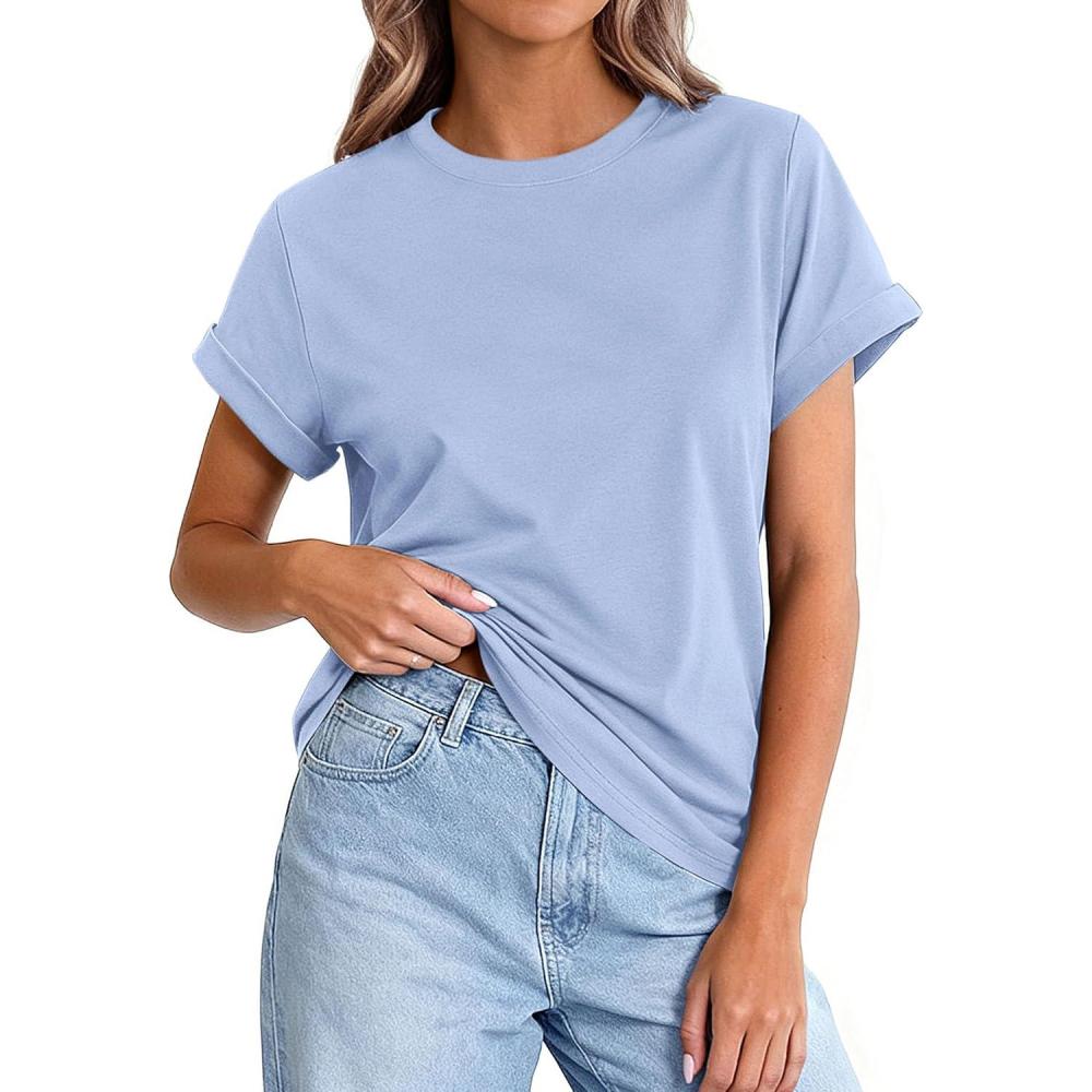 imagePRETTYGARDEN Womens Summer Tops 2026 Spring Casual Rolled Short Sleeve Basic Tees Crew Neck Work Shirts Fashion ClothingLight Blue
