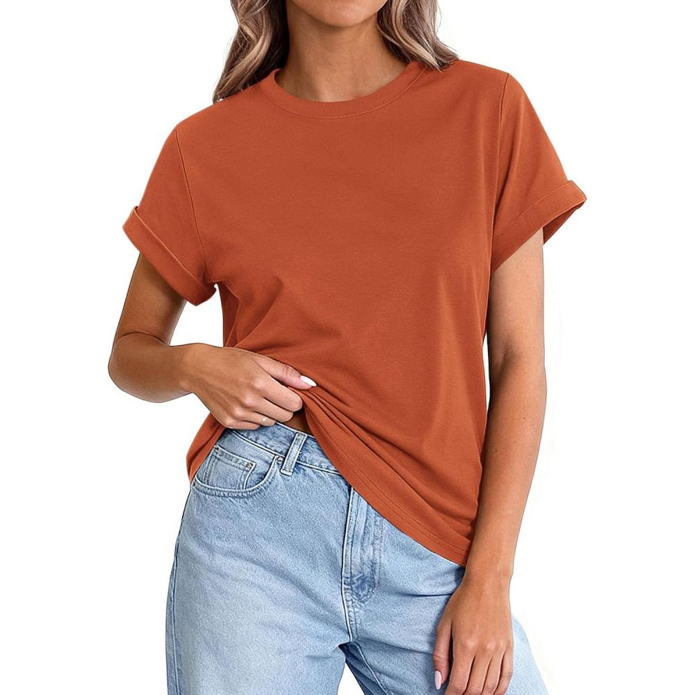 imagePRETTYGARDEN Womens Summer Tops 2026 Spring Casual Rolled Short Sleeve Basic Tees Crew Neck Work Shirts Fashion ClothingRust Red