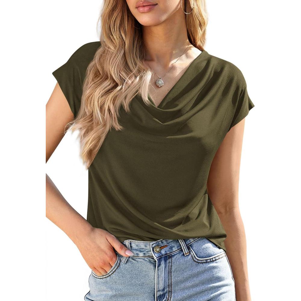 imagePRETTYGARDEN Womens Tops Dressy Casual Clothing 2026 Summer Cowl Neck Short Sleeve Blouses Spring Business Work Office ShirtsArmy Green