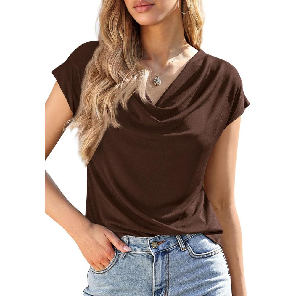 imagePRETTYGARDEN Womens Tops Dressy Casual Clothing 2026 Summer Cowl Neck Short Sleeve Blouses Spring Business Work Office ShirtsBrown