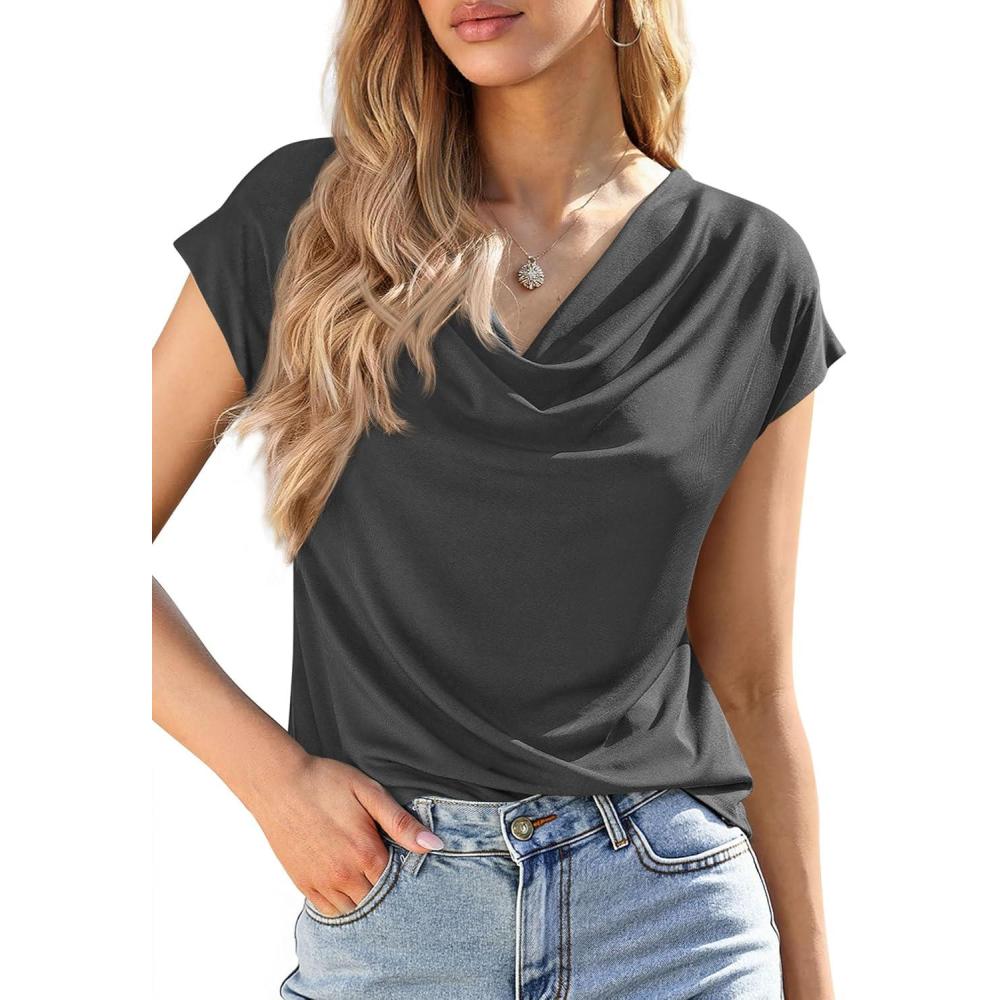 imagePRETTYGARDEN Womens Tops Dressy Casual Clothing 2026 Summer Cowl Neck Short Sleeve Blouses Spring Business Work Office ShirtsDark Grey