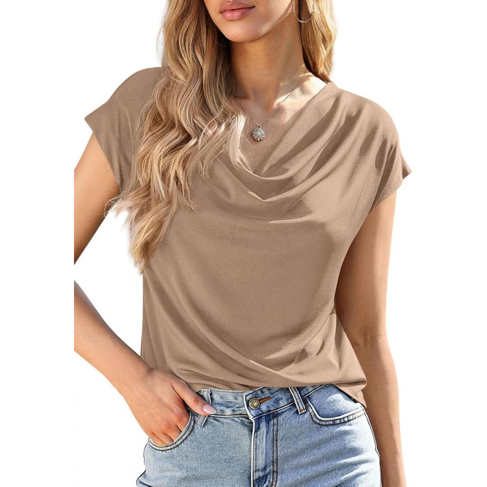 imagePRETTYGARDEN Womens Tops Dressy Casual Clothing 2026 Summer Cowl Neck Short Sleeve Blouses Spring Business Work Office ShirtsKhaki