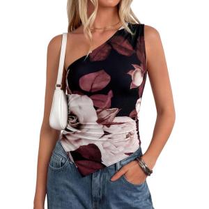 PRETTYGARDEN Going Out Tops for Women Floral Mesh Y2K Shirt 2026 Summer One Shoulder Asymmetrical Spring Vacation Clothes(Black Apricot Floral)