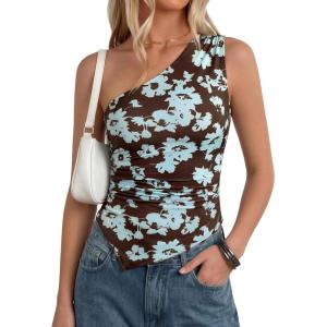 PRETTYGARDEN Going Out Tops for Women Floral Mesh Y2K Shirt 2026 Summer One Shoulder Asymmetrical Spring Vacation Clothes(Brown Blue Floral)