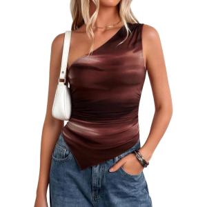 PRETTYGARDEN Going Out Tops for Women Floral Mesh Y2K Shirt 2026 Summer One Shoulder Asymmetrical Spring Vacation Clothes(Brown Print)