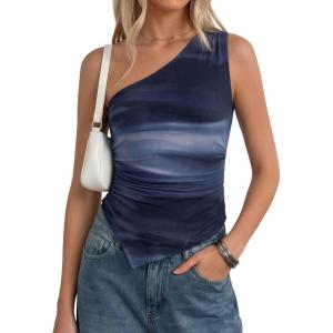 PRETTYGARDEN Going Out Tops for Women Floral Mesh Y2K Shirt 2026 Summer One Shoulder Asymmetrical Spring Vacation Clothes(Gradient Blue)