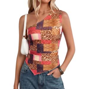 PRETTYGARDEN Going Out Tops for Women Floral Mesh Y2K Shirt 2026 Summer One Shoulder Asymmetrical Spring Vacation Clothes(Khaki Leopard)