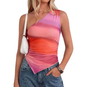 PRETTYGARDEN Going Out Tops for Women Floral Mesh Y2K Shirt 2026 Summer One Shoulder Asymmetrical Spring Vacation Clothes(Multicolor Print)