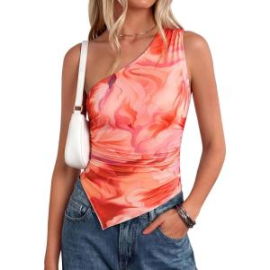 PRETTYGARDEN Going Out Tops for Women Floral Mesh Y2K Shirt 2026 Summer One Shoulder Asymmetrical Spring Vacation Clothes(Orange Watercolor)