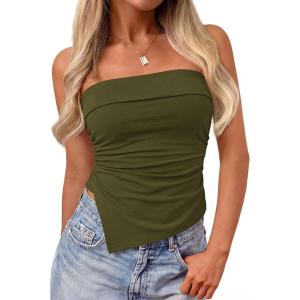 PRETTYGARDEN Going Out Tube Tops for Women Trendy Summer 2026 Asymmetrical Ruched Strapless Bandeau Shirts Spring Clothes(Army Green)