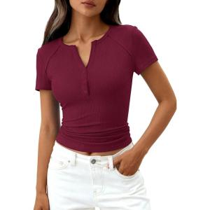 PRETTYGARDEN Henley Shirts for Women 2026 Summer Short Sleeve Tops V Neck Basic Tees Fitted Ribbed Button Up Work Shirts(Burgundy)