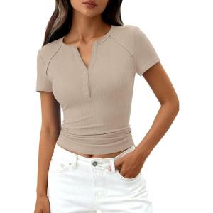 PRETTYGARDEN Henley Shirts for Women 2026 Summer Short Sleeve Tops V Neck Basic Tees Fitted Ribbed Button Up Work Shirts(Light Khaki)