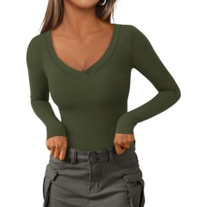 PRETTYGARDEN Long Sleeve Shirts for Women 2026 Fall Fashion V Neck Going Out Tops Slim Fit Basic Tees Y2K Clothes(Army Green)
