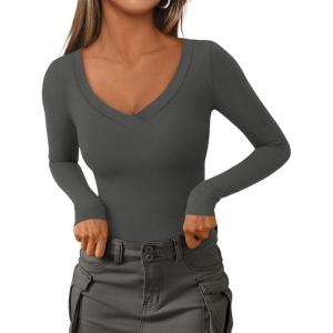 PRETTYGARDEN Long Sleeve Shirts for Women 2026 Fall Fashion V Neck Going Out Tops Slim Fit Basic Tees Y2K Clothes(Dark Grey)