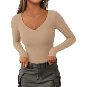 PRETTYGARDEN Long Sleeve Shirts for Women 2026 Fall Fashion V Neck Going Out Tops Slim Fit Basic Tees Y2K Clothes(Khaki)