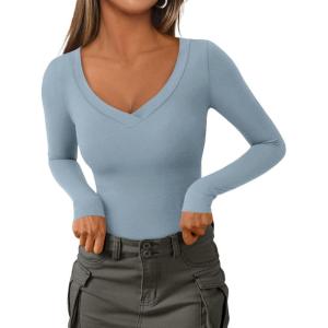 PRETTYGARDEN Long Sleeve Shirts for Women 2026 Fall Fashion V Neck Going Out Tops Slim Fit Basic Tees Y2K Clothes(Light Grey Blue)