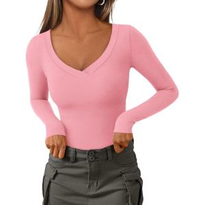 PRETTYGARDEN Long Sleeve Shirts for Women 2026 Fall Fashion V Neck Going Out Tops Slim Fit Basic Tees Y2K Clothes(Pink)