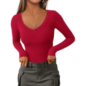 PRETTYGARDEN Long Sleeve Shirts for Women 2026 Fall Fashion V Neck Going Out Tops Slim Fit Basic Tees Y2K Clothes(Red)