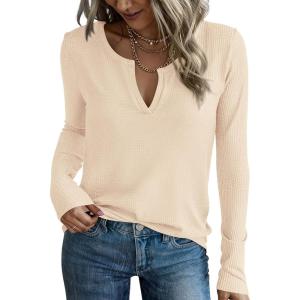 PRETTYGARDEN Long Sleeve Shirts for Women 2026 Fall V Neck Waffle Basic Tee Dressy Casual Winter Blouses Knit Tunic Tops(Beige)