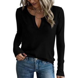 PRETTYGARDEN Long Sleeve Shirts for Women 2026 Fall V Neck Waffle Basic Tee Dressy Casual Winter Blouses Knit Tunic Tops(Black)