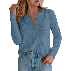 PRETTYGARDEN Long Sleeve Shirts for Women 2026 Fall V Neck Waffle Basic Tee Dressy Casual Winter Blouses Knit Tunic Tops(Grey Blue)