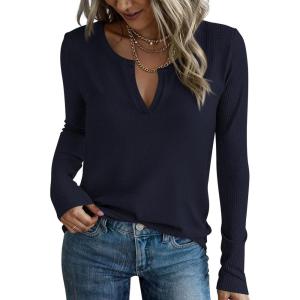 PRETTYGARDEN Long Sleeve Shirts for Women 2026 Fall V Neck Waffle Basic Tee Dressy Casual Winter Blouses Knit Tunic Tops(Navy Blue)