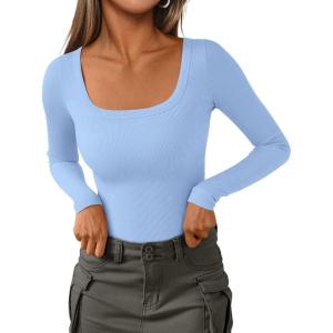 PRETTYGARDEN Long Sleeve Shirts for Women Spring 2026 Ribbed Basic Tees Scoop Neck Trendy Going Out Tops Fashion Clothing(Light Blue)