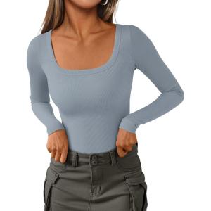 PRETTYGARDEN Long Sleeve Shirts for Women Spring 2026 Ribbed Basic Tees Scoop Neck Trendy Going Out Tops Fashion Clothing(Light Grey)