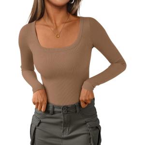 PRETTYGARDEN Long Sleeve Shirts for Women Spring 2026 Ribbed Basic Tees Scoop Neck Trendy Going Out Tops Fashion Clothing(Light Khaki)