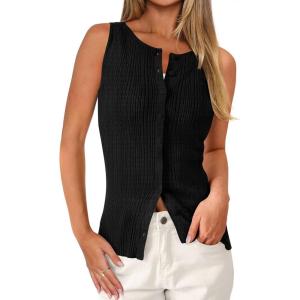 PRETTYGARDEN Ribbed Tank Tops for Women Summer 2026 Button Down Sleeveless Shirts Y2K Fashion Clothing Going Out Vest Top(Black)
