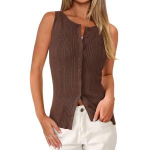 PRETTYGARDEN Ribbed Tank Tops for Women Summer 2026 Button Down Sleeveless Shirts Y2K Fashion Clothing Going Out Vest Top(Brown)