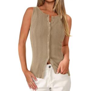 PRETTYGARDEN Ribbed Tank Tops for Women Summer 2026 Button Down Sleeveless Shirts Y2K Fashion Clothing Going Out Vest Top(Camel)