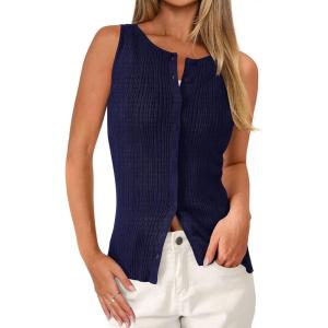 PRETTYGARDEN Ribbed Tank Tops for Women Summer 2026 Button Down Sleeveless Shirts Y2K Fashion Clothing Going Out Vest Top(Navy)