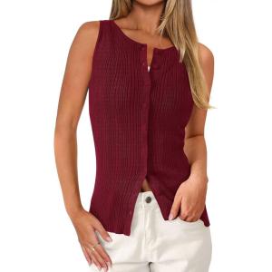 PRETTYGARDEN Ribbed Tank Tops for Women Summer 2026 Button Down Sleeveless Shirts Y2K Fashion Clothing Going Out Vest Top(Wine Red)