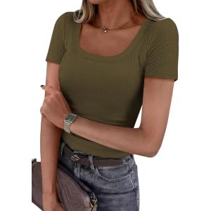 PRETTYGARDEN Scoop Neck Tops for Women 2026 Summer Basic Tees Trendy Short Sleeve Shirts Spring Casual Fitted Ribbed Tops(Army Green)