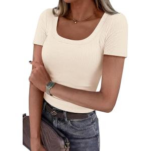 PRETTYGARDEN Scoop Neck Tops for Women 2026 Summer Basic Tees Trendy Short Sleeve Shirts Spring Casual Fitted Ribbed Tops(Beige)