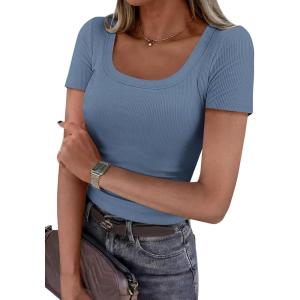 PRETTYGARDEN Scoop Neck Tops for Women 2026 Summer Basic Tees Trendy Short Sleeve Shirts Spring Casual Fitted Ribbed Tops(Blue Grey)