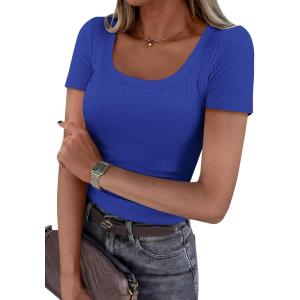 PRETTYGARDEN Scoop Neck Tops for Women 2026 Summer Basic Tees Trendy Short Sleeve Shirts Spring Casual Fitted Ribbed Tops(Brilliant Blue)