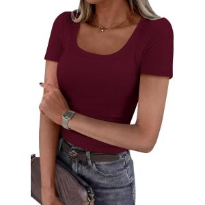 PRETTYGARDEN Scoop Neck Tops for Women 2026 Summer Basic Tees Trendy Short Sleeve Shirts Spring Casual Fitted Ribbed Tops(Burgundy)