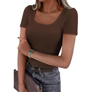 PRETTYGARDEN Scoop Neck Tops for Women 2026 Summer Basic Tees Trendy Short Sleeve Shirts Spring Casual Fitted Ribbed Tops(Coffee)