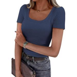 PRETTYGARDEN Scoop Neck Tops for Women 2026 Summer Basic Tees Trendy Short Sleeve Shirts Spring Casual Fitted Ribbed Tops(Dark Blue)
