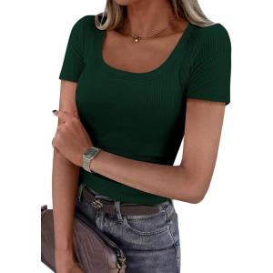 PRETTYGARDEN Scoop Neck Tops for Women 2026 Summer Basic Tees Trendy Short Sleeve Shirts Spring Casual Fitted Ribbed Tops(Dark Green)