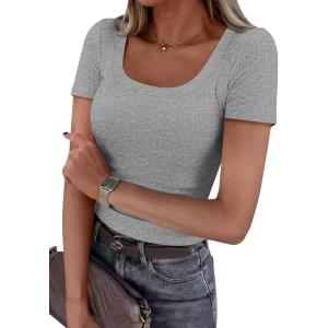 PRETTYGARDEN Scoop Neck Tops for Women 2026 Summer Basic Tees Trendy Short Sleeve Shirts Spring Casual Fitted Ribbed Tops(Grey)