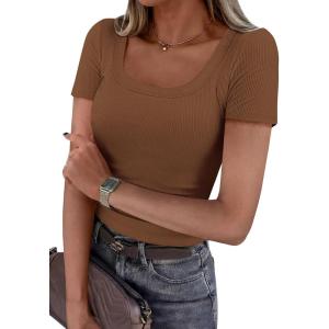 PRETTYGARDEN Scoop Neck Tops for Women 2026 Summer Basic Tees Trendy Short Sleeve Shirts Spring Casual Fitted Ribbed Tops(Khaki)