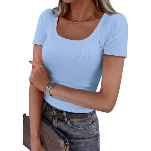 PRETTYGARDEN Scoop Neck Tops for Women 2026 Summer Basic Tees Trendy Short Sleeve Shirts Spring Casual Fitted Ribbed Tops(Light Blue)