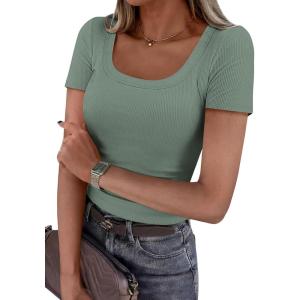PRETTYGARDEN Scoop Neck Tops for Women 2026 Summer Basic Tees Trendy Short Sleeve Shirts Spring Casual Fitted Ribbed Tops(Sage Green)