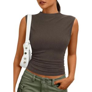 PRETTYGARDEN Sleeveless Tops for Women Ribbed Mock Neck Tank Top Slim Fitted Ruched Basic Layering Shirts 2026 Summer Clothes(Brown)