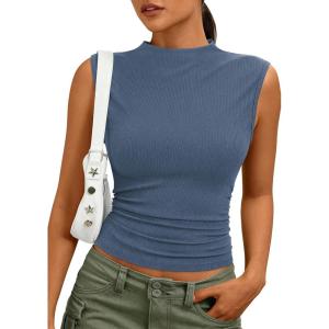 PRETTYGARDEN Sleeveless Tops for Women Ribbed Mock Neck Tank Top Slim Fitted Ruched Basic Layering Shirts 2026 Summer Clothes(Dusty Blue)