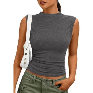 PRETTYGARDEN Sleeveless Tops for Women Ribbed Mock Neck Tank Top Slim Fitted Ruched Basic Layering Shirts 2026 Summer Clothes(Grey)